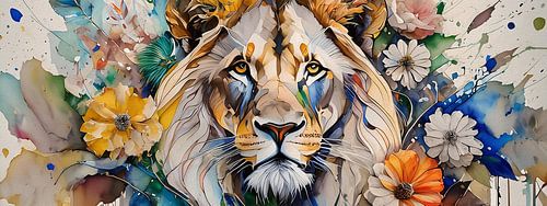 Leeuw kop panorama omringd met bloemen