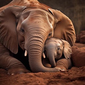 Elefant mit jungem Elefanten von Schwarzer Kaffee