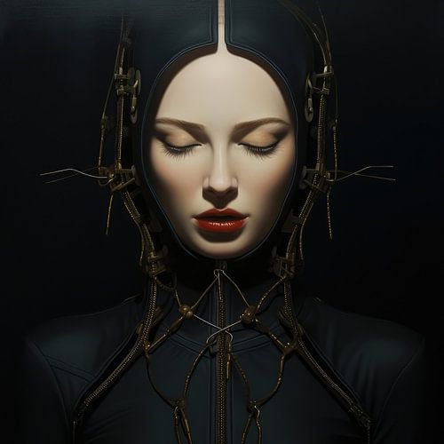 Digital created very beautiful sexy woman with bizarre fetish mask in high fashion style