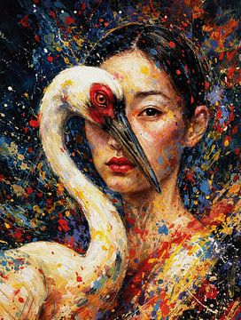 Elegante Frau mit Kranichvogel Lebendige Spritzer Ölporträt von Ramy Salah Hefny