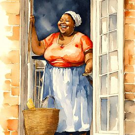 cosy lady sweeps the windows by De gezellige Dames