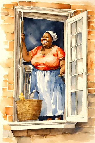 cosy lady sweeps the windows