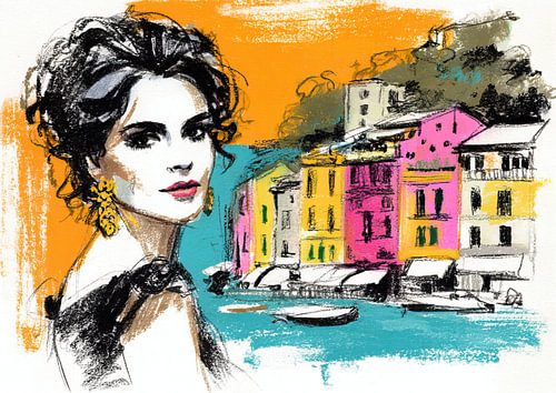 Portrait of a woman with colourful houses | Woman