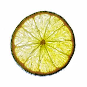 Nahaufnahme einer Limettenscheibe mit weißem Hintergrund.