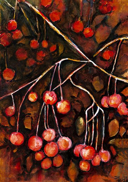 The cherry tree . Watercolour hand-painted. by Ineke de Rijk