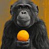 Affe mit orangefarbenem stummen Blick in Zitrusfrucht-Kontrast von Eva Lee