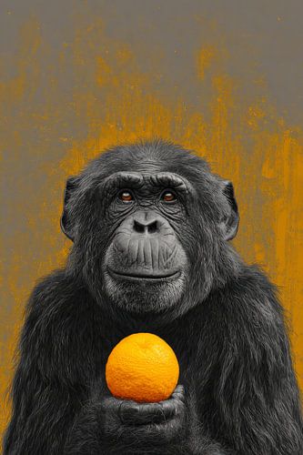 Affe mit orangefarbenem stummen Blick in Zitrusfrucht-Kontrast