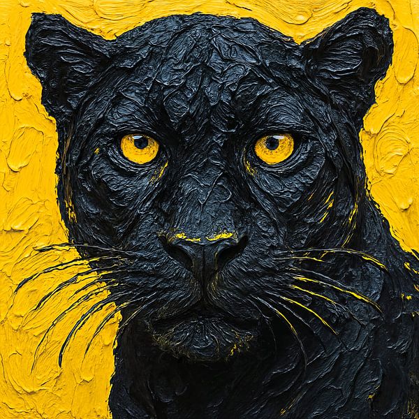Zwarte panter portret kop (close up, geel, krachtig, stoer, gedurfd, dikke verf, reliëf, structuur, gevaarlijk, eng, wilde dieren) van Natalie Bruns