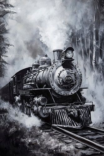 Stoomlocomotief in het mistige bos