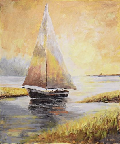 Voilier aux couleurs ocre, or et jaune