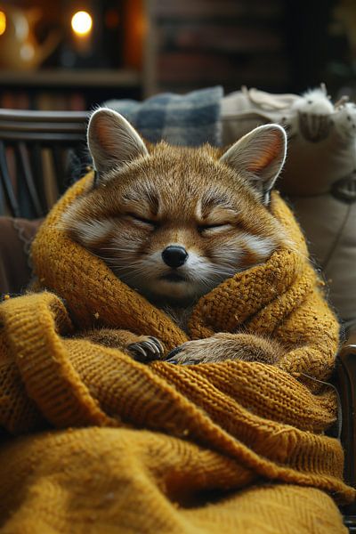 Renard bien au chaud dans une couverture sur une chaise par Art & Soul Creations