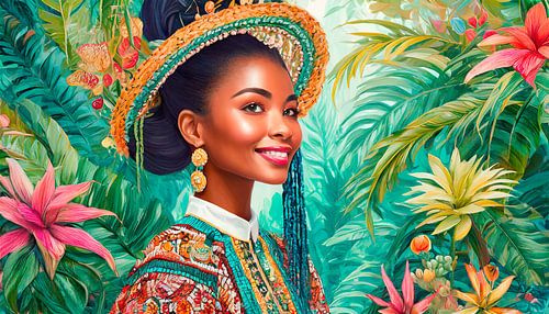 Mooie vrouw die fantastische handgeverfde katoenen kleding draagt