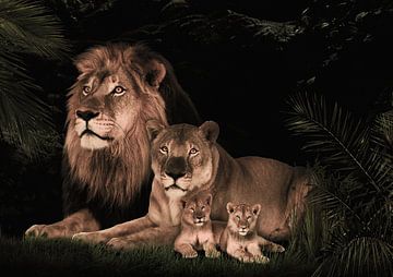 Löwenfamilie mit 2 Jungtieren von Bert Hooijer