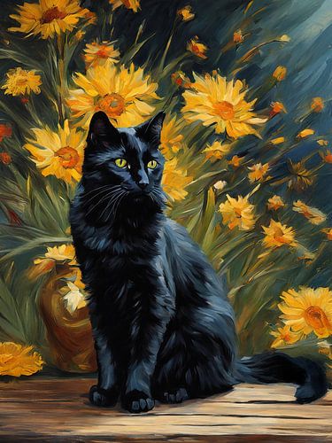 Zwarte kat in een bloementuin met gele bloemen