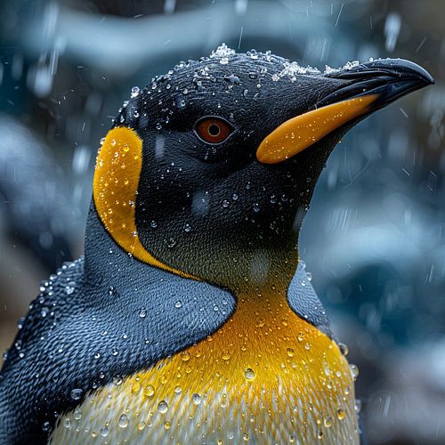 Gros plan sur un manchot royal sous la pluie