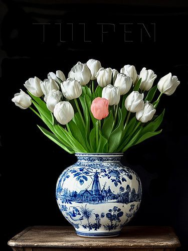 Tulips in white and red in blue vase