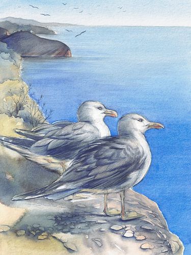 Twee meeuwen kijken uit over de blauwe zee