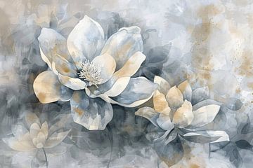 Monochrome Bloemen Abstractie in Grijs en Beige van De Muurdecoratie