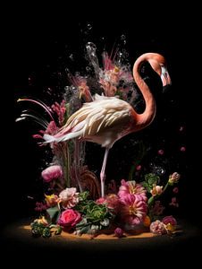 Flamingo in einer Explosion von Blumen und Farben von Eva Lee