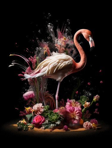 Flamingo in an Explosion of Flowers and Colours