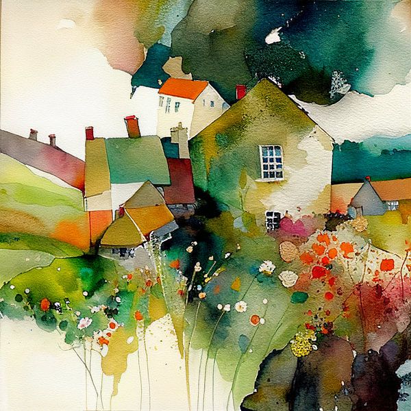 aquarelle Paysage, village saisonnier par Ariadna de Raadt-Goldberg