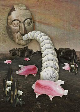 Surrealistisch landschap met roze glazen varkens, witte rozen en geld spugend versteend hoofd van Beautiful Thrills