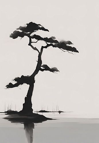 Minimalistische zwarte boom boven water