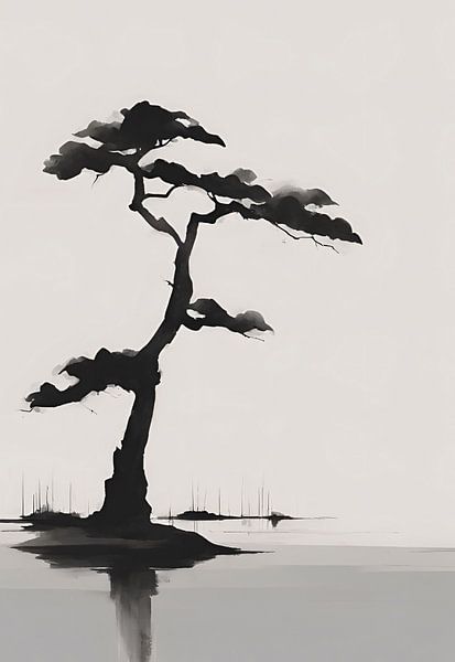 Minimalistischer schwarzer Baum über Wasser von Art & Soul Creations