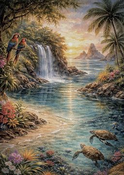 Serene Mountain Waterfall Landscape in Misty Forest by kautsar1 art