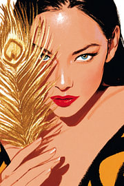 Modernes, minimalistisches Porträt einer Frau mit roten Lippen und einer Pfauenfeder