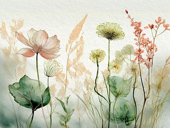 Botanische Illustration:  Wildblumen im Gras