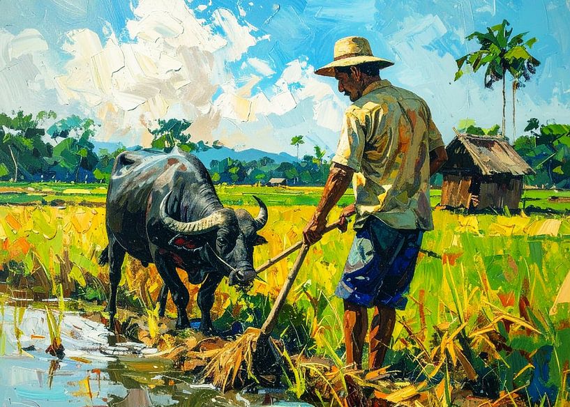 Asian Traditional Farmer Oil Painting by Artkreator
