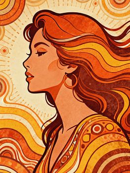 PSYCHEDELIC Retro Woman Portrait - Groovy 70s Goddess Sun Mandala Abstract Print