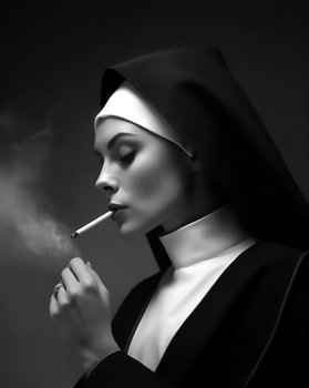 Porträt einer sündigen Nonne mit einer Zigarette