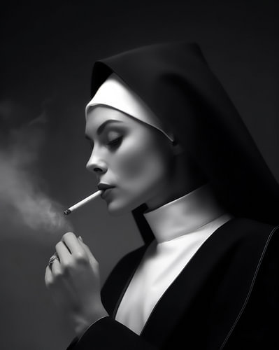 Porträt einer sündigen Nonne mit einer Zigarette