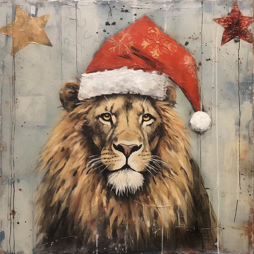 Lion wearing a Santa hat