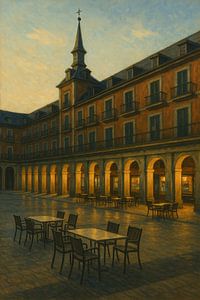 Madrid Plaza in der Abenddämmerung - Goldene Stille unter den Bögen