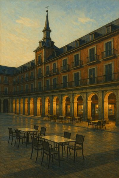 Madrid Plaza at Dusk – Golden Silence beneath the Arches by Travel Shop