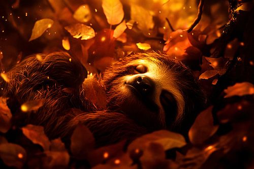 Luiaard in herfstbladeren rust