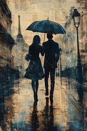 Paris in the Rain – Romantic Painting in Blue by BowiScapes - Fine Art and Urban Wall Art