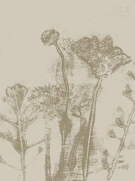 Botanische Kunst mit Blumen und Blättern in zarten Neutraltönen