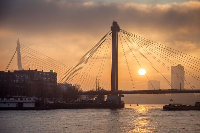 Zonsondergang Willemsbrug en Erasmusbrug in Rotterdam van Mark De Rooij