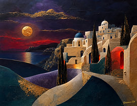 Deco After Dark – The Crimson Dusk over Santorini