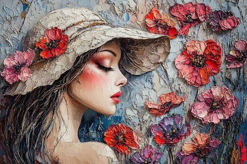 vrouw met bloemen en hoed