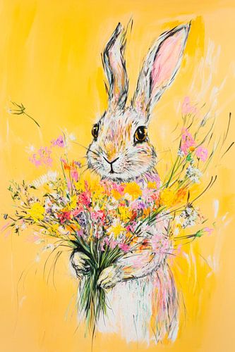 Konijntje met boeket bloemen op geel