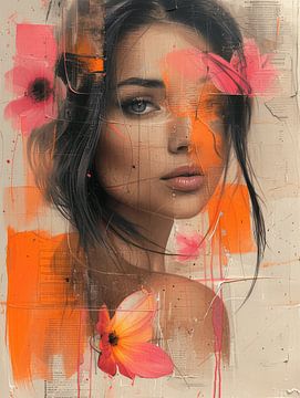 Modern en abstract portret in oranje en roze neon van Carla Van Iersel