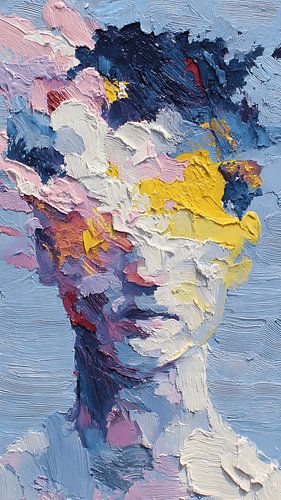Portrait abstrait évoquant l'élargissement de l'esprit, avec des formes nuageuses et une texture acrylique