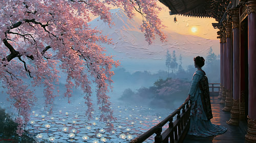 Geisha in Japan bei Sonnenuntergang über dem Fuji