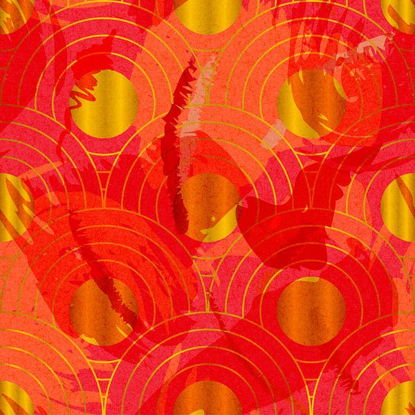 Japanese geometric retro golden pattern in scarlet red and orange by Dina Dankers