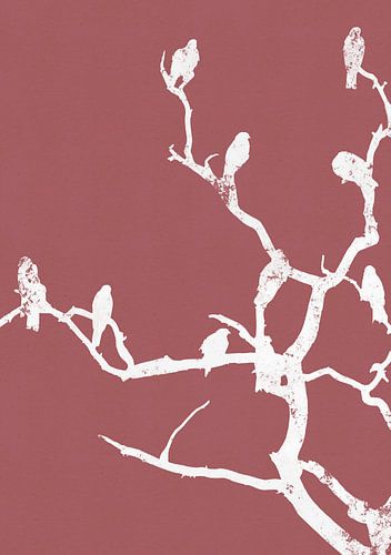 silhouette vogels op een tak - aubergine rood